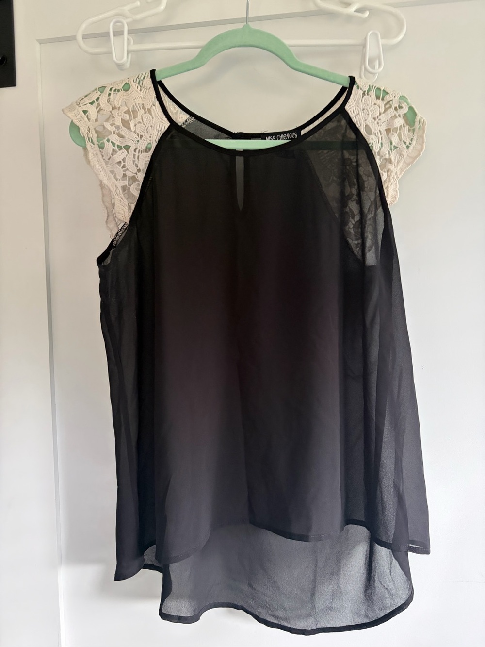 Miss Chievous Black Sheer Blouse with Cream Lace Cap Sleeves